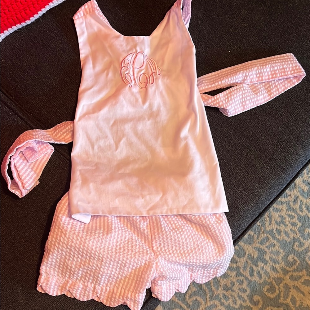 EMC monogram girls Smockingbird embroidered gingham shorts and top outfit